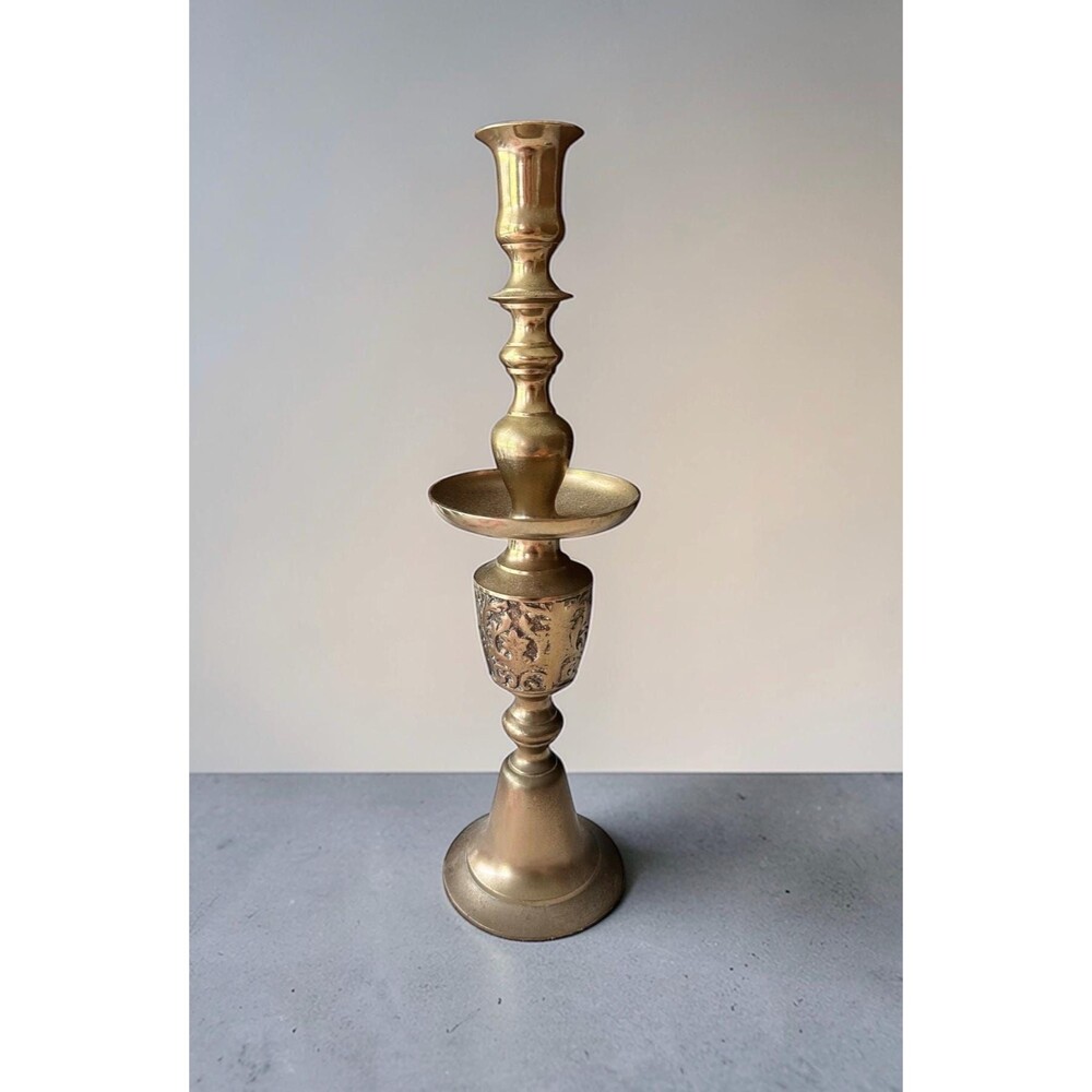 Vintage Tall Ornate Brass Candlestick - 17.5" Traditional Embossed Taper Holder